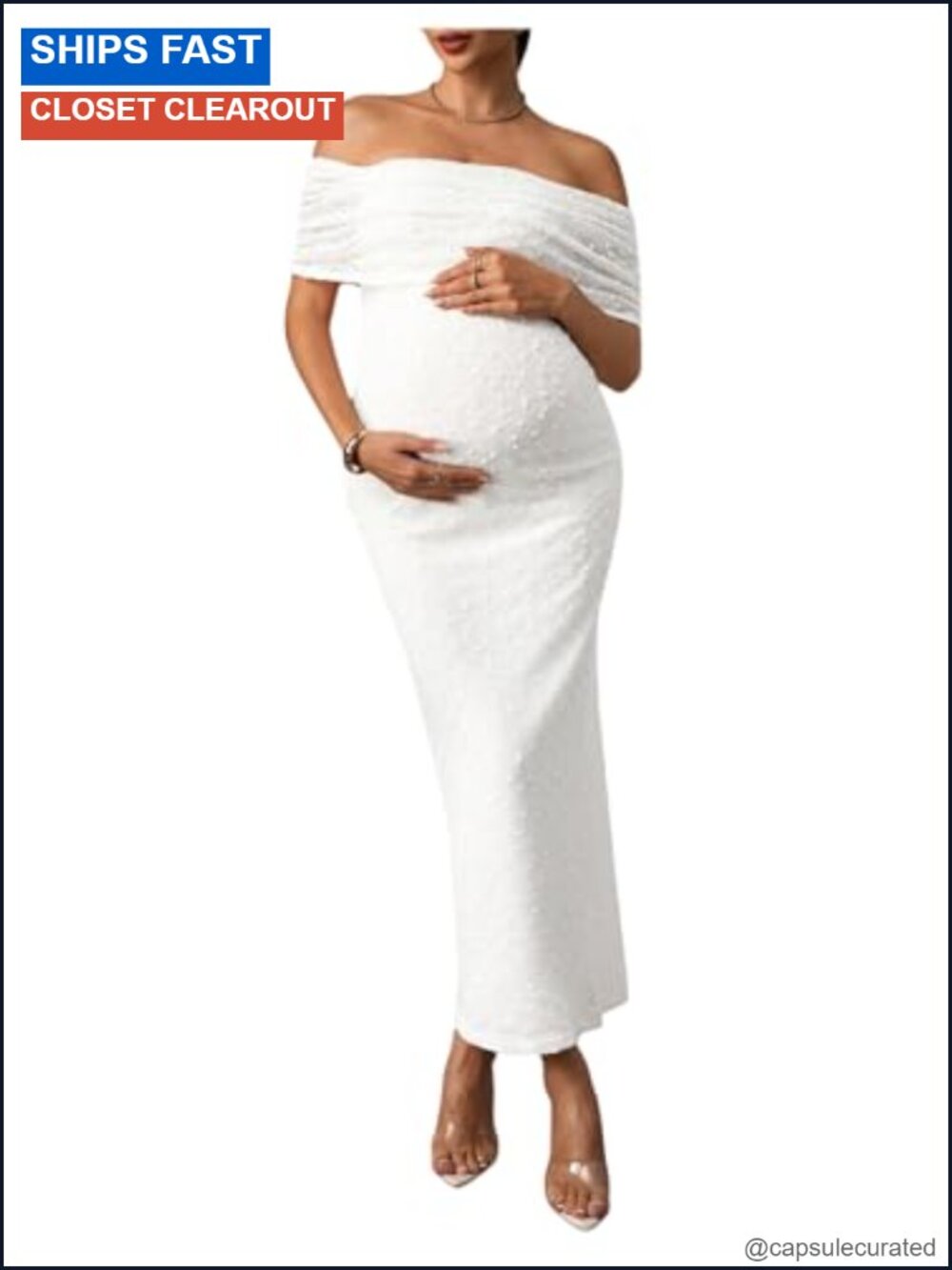 Maternity Off Shoulder Bodycon Maxi Dress Short Sleeve Swiss Dot